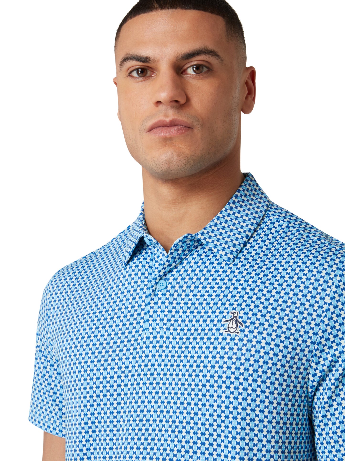 Original Penguin Pete's Bow Tie Micro Print Polo Shirt, Blue Grotto.