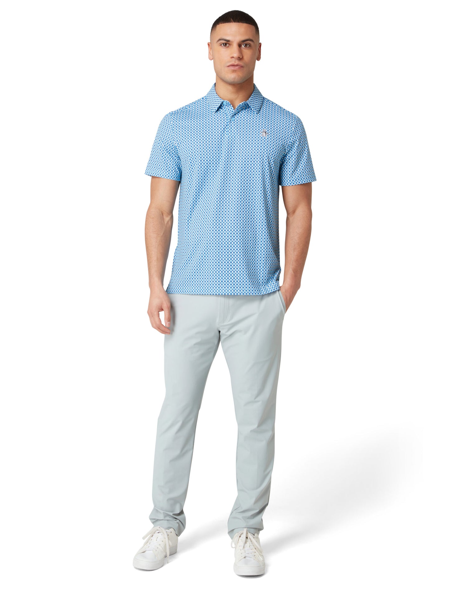 Original Penguin Pete's Bow Tie Micro Print Polo Shirt, Blue Grotto.