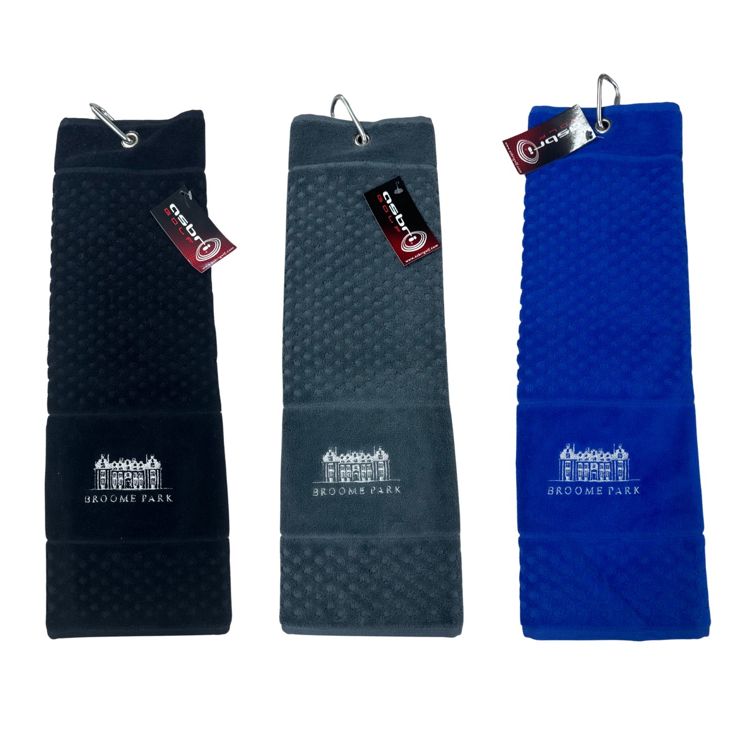 Broome Park Logo TriFold Golf Towel & Carabiner Clip, Black, Grey or Red, SALE