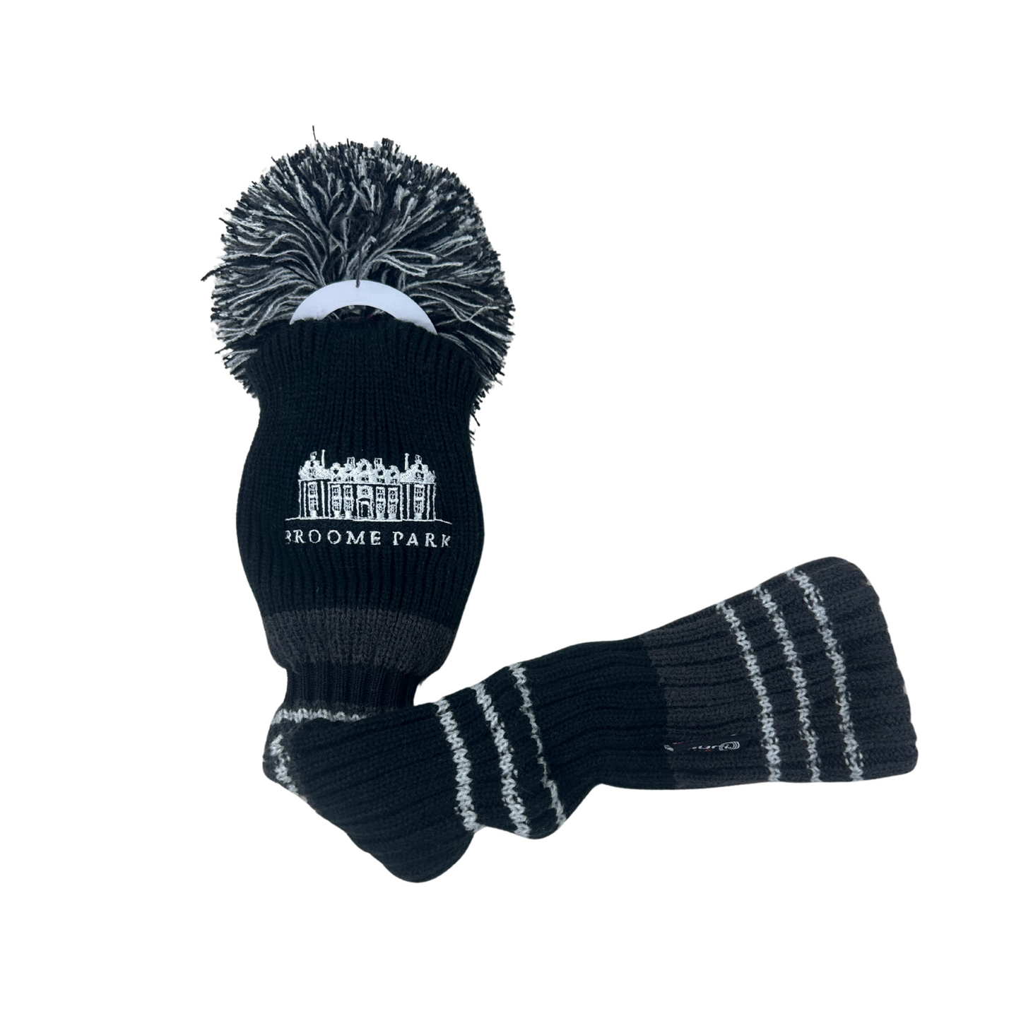 Broome Park Logo Woollen Pom Pom Style Stretch Headcover, Black Drive or White Fairway/Hybrid Wood, SALE