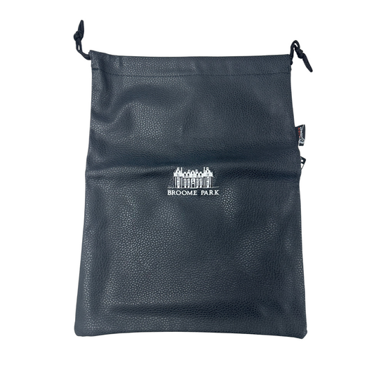 Broome Park Logo Drawstring Shoe Bag, Black Faux Leather, Velour Lined, 13" x 17", SALE