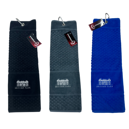 Broome Park Logo TriFold Golf Towel & Carabiner Clip, Black, Grey or Red, SALE