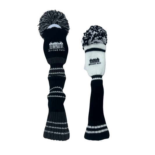 Broome Park Logo Woollen Pom Pom Style Stretch Headcover, Black Drive or White Fairway/Hybrid Wood, SALE