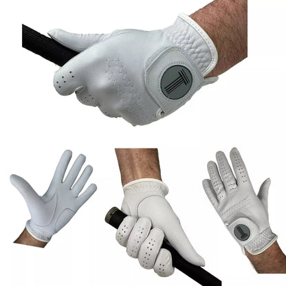 Cabretta Leather Glove, Left Hand Fit for Right Handed Golfer, White.